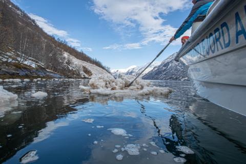 Lokal guide peker mot Naoberadn fjellside, sted for gammelt sagn, omgitt av snøflak etter et ras i hypernatur fjord