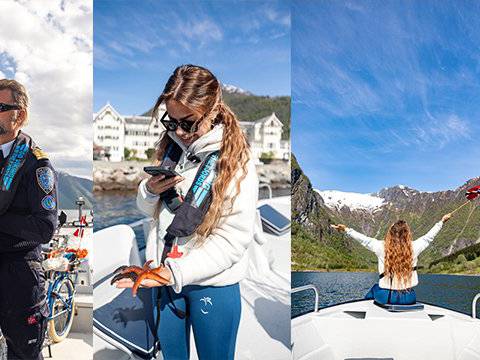 A collage of four photos: a guest holding a large halibut, Captain Tor steering a fishing boat, a guest holding a starfish, and a guest with a Norwegian flag on a boat in the Sognefjord.