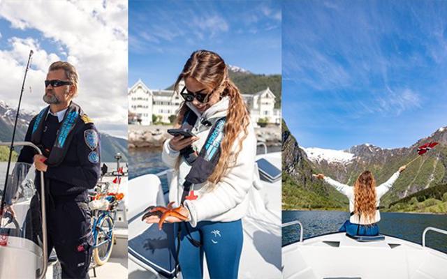 A collage of four photos: a guest holding a large halibut, Captain Tor steering a fishing boat, a guest holding a starfish, and a guest with a Norwegian flag on a boat in the Sognefjord.