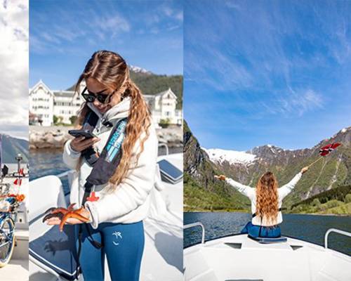 A collage of four photos: a guest holding a large halibut, Captain Tor steering a fishing boat, a guest holding a starfish, and a guest with a Norwegian flag on a boat in the Sognefjord.