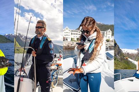 A collage of four photos: a guest holding a large halibut, Captain Tor steering a fishing boat, a guest holding a starfish, and a guest with a Norwegian flag on a boat in the Sognefjord.