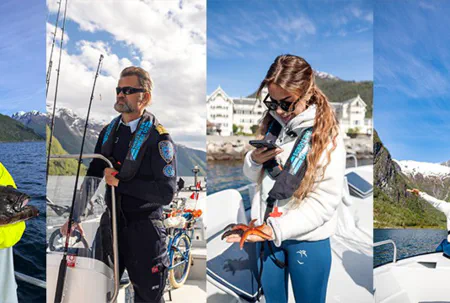 A collage of four photos: a guest holding a large halibut, Captain Tor steering a fishing boat, a guest holding a starfish, and a guest with a Norwegian flag on a boat in the Sognefjord.