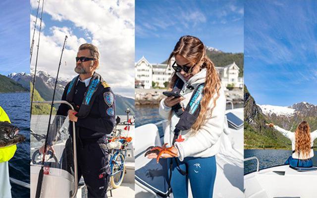 A collage of four photos: a guest holding a large halibut, Captain Tor steering a fishing boat, a guest holding a starfish, and a guest with a Norwegian flag on a boat in the Sognefjord.