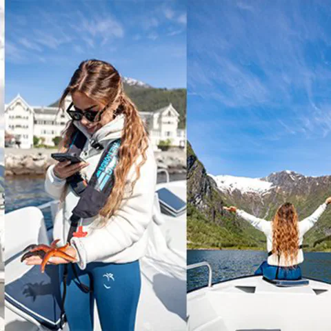 A collage of four photos: a guest holding a large halibut, Captain Tor steering a fishing boat, a guest holding a starfish, and a guest with a Norwegian flag on a boat in the Sognefjord.