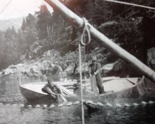 Anders H Balevik (gutt) og Hans Balevik fanger laks på Veganeset i laksnota i Sognefjorden (Laks I Sikte)